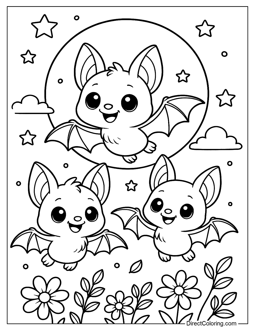 coloring page A family of bats is flying happily across the night sky with a big full moon in the background